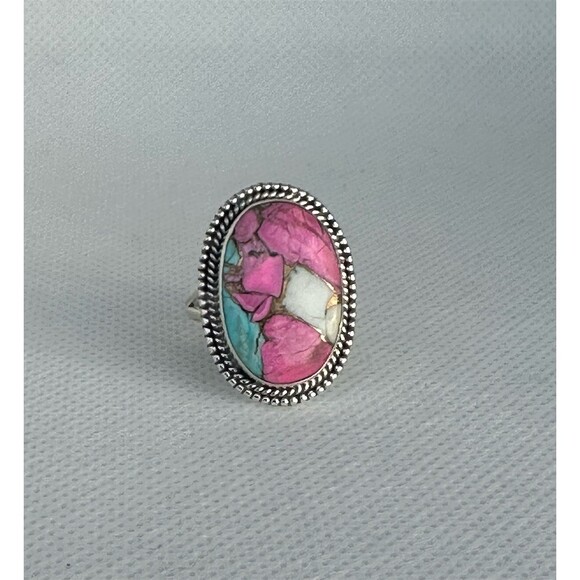 Ring Size 9 Cotton Candy Turquoise Oval Bezel Boho Statement - Picture 2 of 3